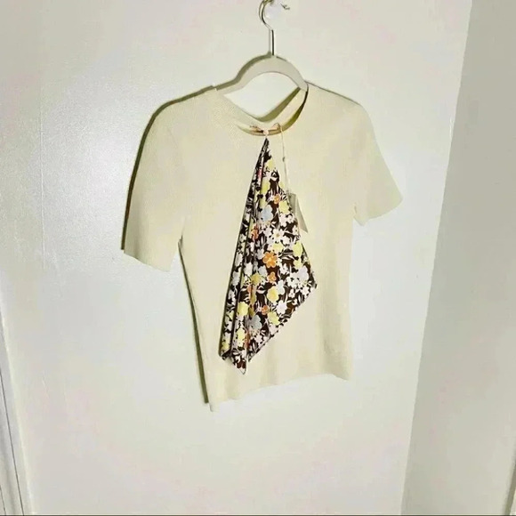 NWT Tory Burch Floral Scarf Short-sleeve Sweater In Classic Ivory - Picture 4 of 8